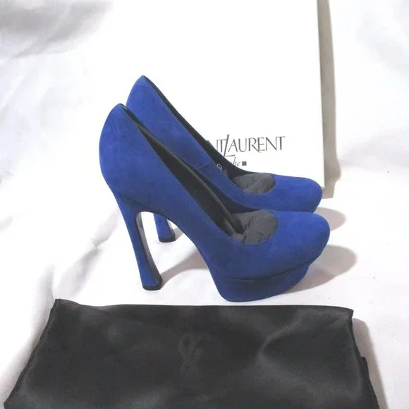 NEW NIB SAINT LAURENT PARIS Stiletto Heel Platform PUMP SHOE 36.5 BLUE - Picture 3 of 9